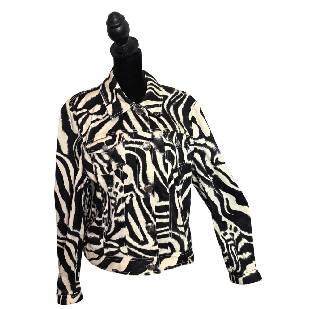 St John Sport Zebra Jacket Size L Black Animal Print Safari Maximalist Stretch